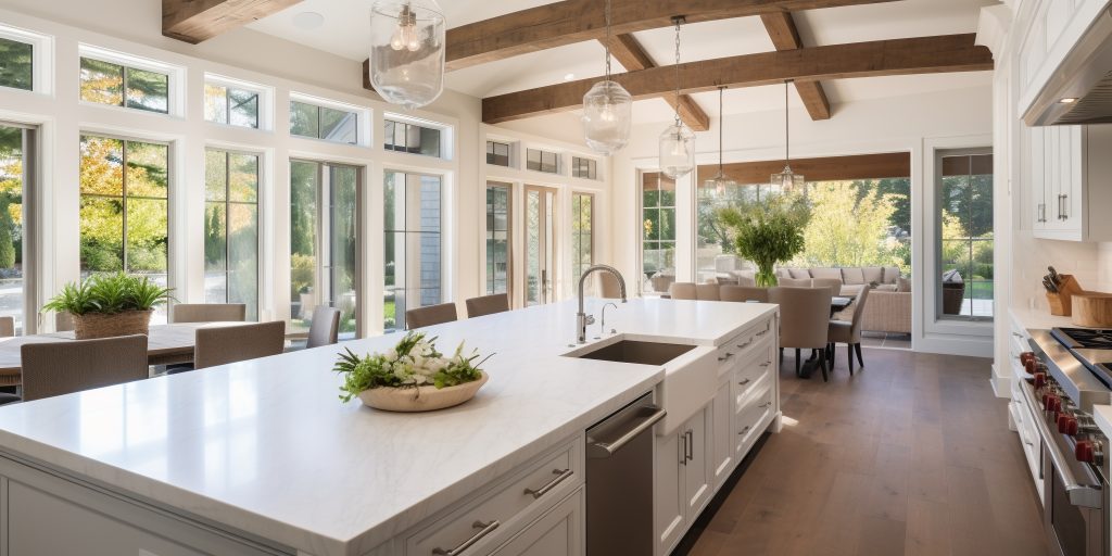 Kitchen interior in beautiful new luxury home with kitchen island and wooden floor, bright modern minimal style,  with copy space.